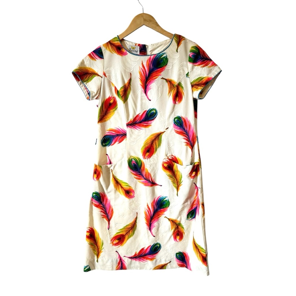 Vtg 60s White Shift Dress Colorful Peacock Feather Print Flutterby Small Medium